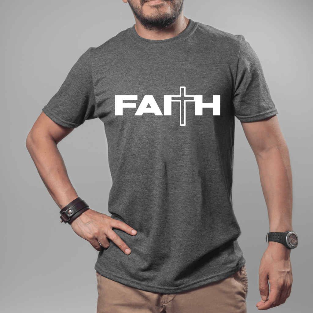 Unisex Faith T-shirt dark heather, short sleeve. "Faith" is printed in white font on the front chest. A cross is in place of the "t'.