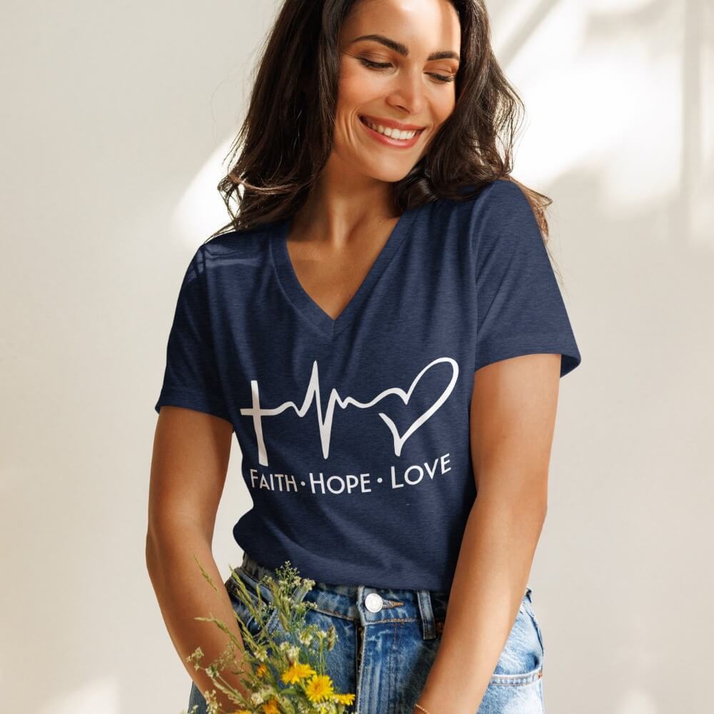 Faith Hope love women's V-neck t-shirt heather navy.  Design with a cross, heartbeat and heart printed in white on the front chest above "Faith Hope Love".