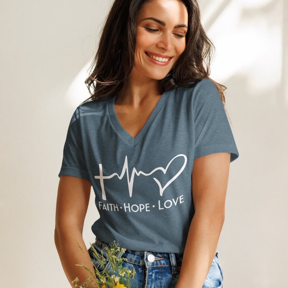 Faith Hope love women's V-neck t-shirt heather slate.  Design with a cross, heartbeat and heart printed in white on the front chest above "Faith Hope Love".