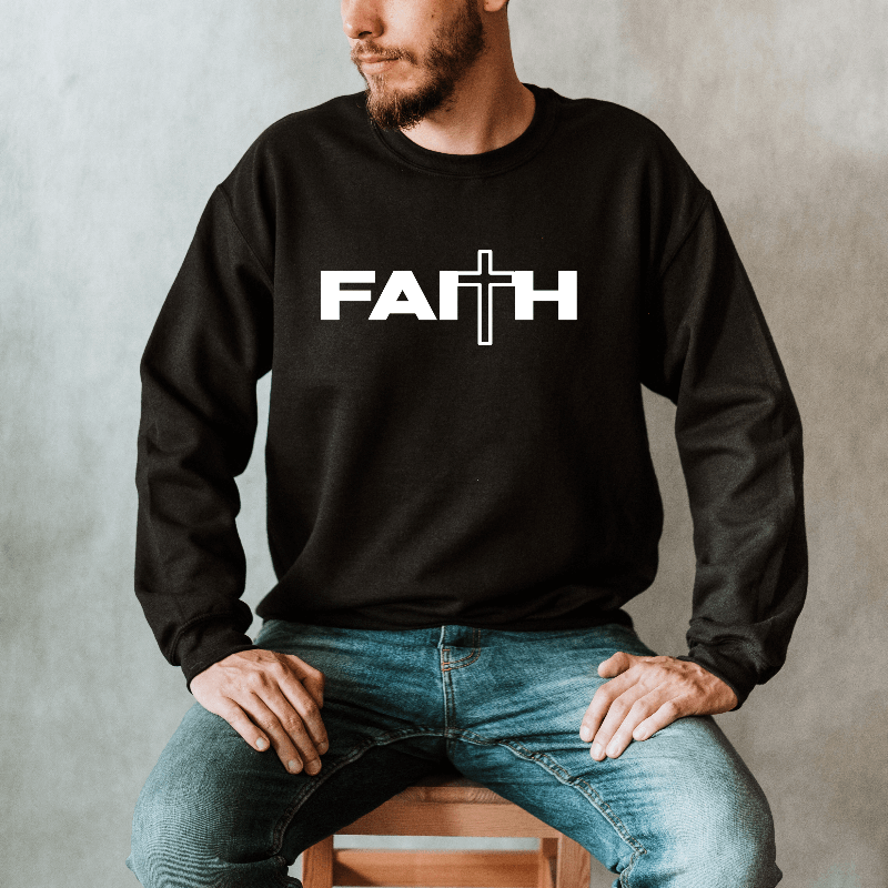 Faith Sweatshirt crewneck black. On the front chest is printed "FAITH" in white with a cross as the "T"
