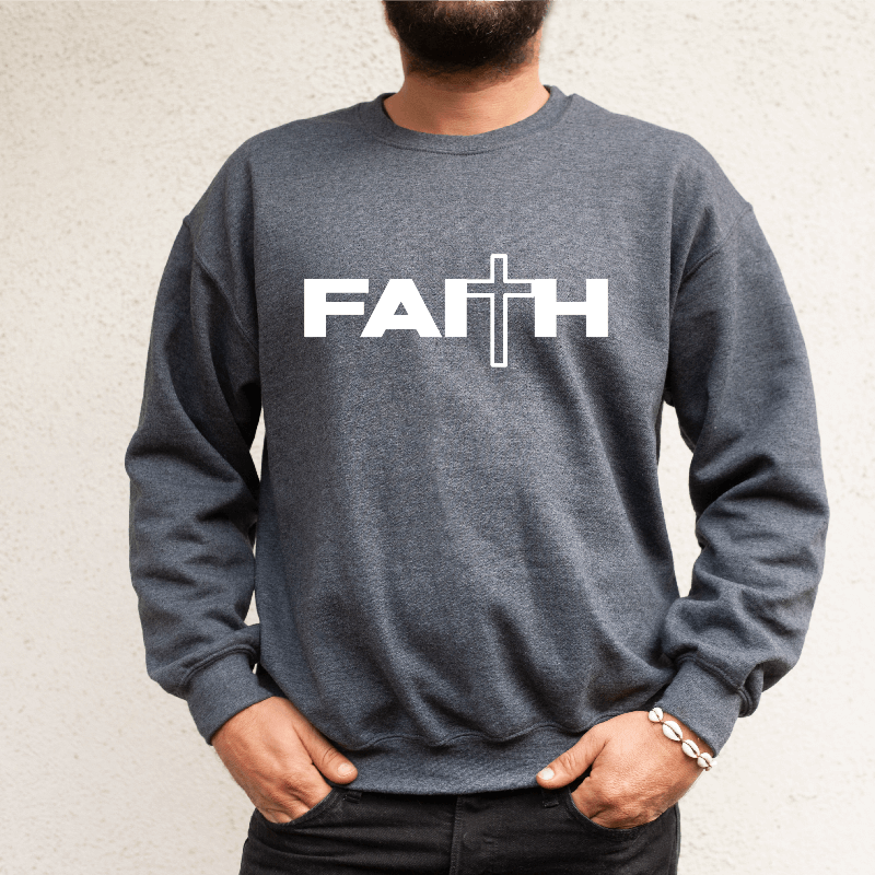 Faith Sweatshirt crewneck dark grey. On the front chest is printed "FAITH" in white with a cross as the "T"