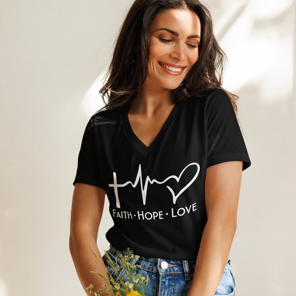 Faith Hope love women's V-neck t-shirt black.  Design with a cross, heartbeat and heart printed in white on the front chest above "Faith Hope Love".