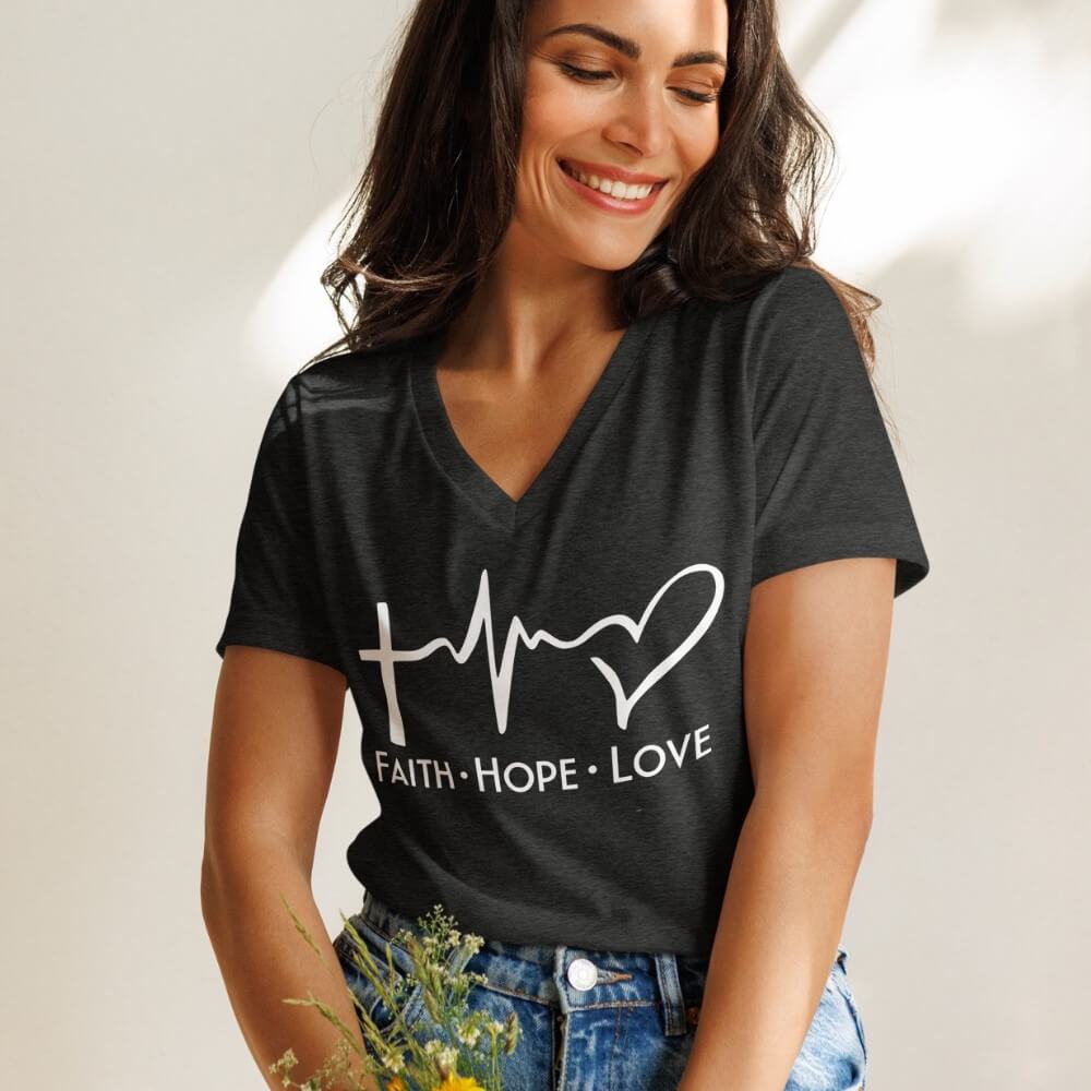 Faith Hope love women's V-neck t-shirt heather grey.  Design with a cross, heartbeat and heart printed in white on the front chest above "Faith Hope Love".