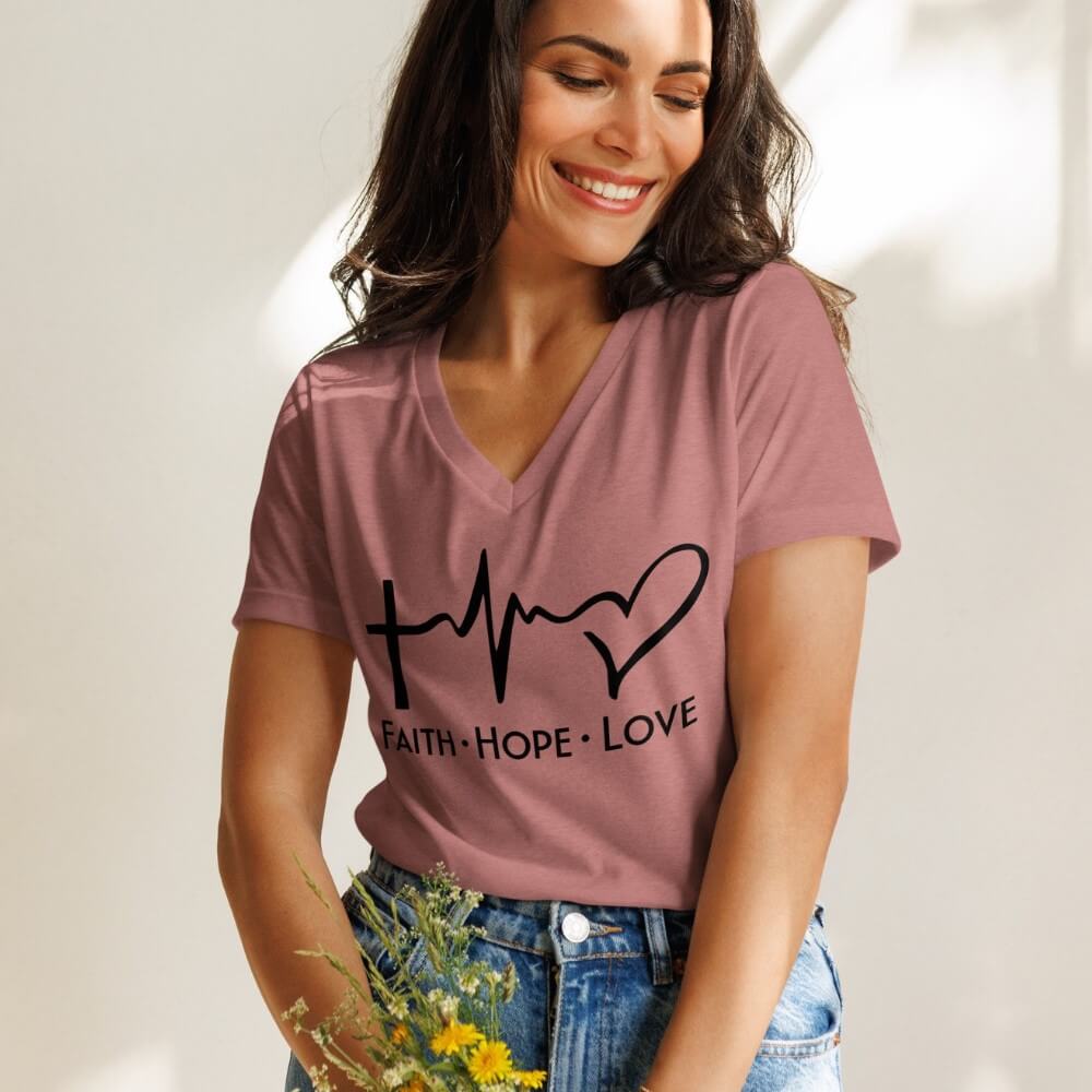 Faith Hope love women's V-neck t-shirt heather mauve.  Design with a cross, heartbeat and heart printed in black on the front chest above "Faith Hope Love".