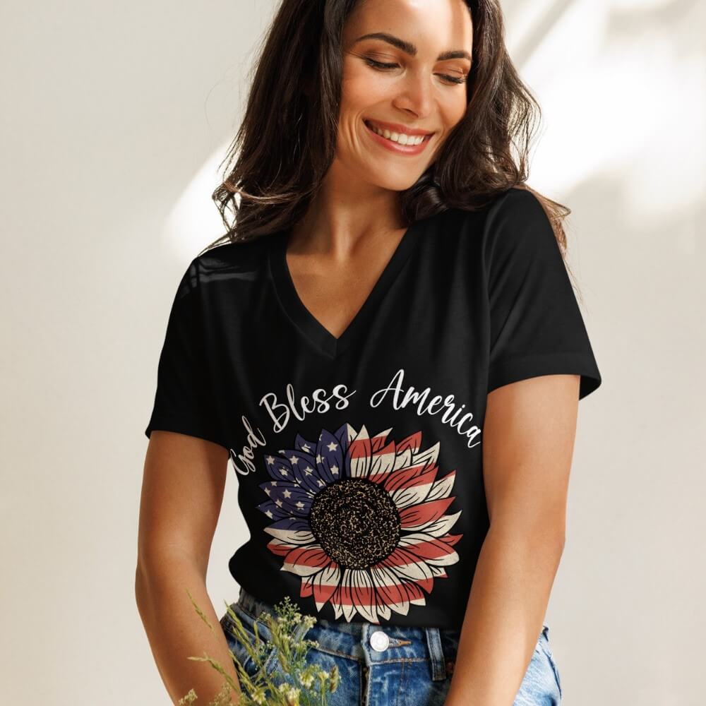God Bless America V-neck women's t-shirt black.  American Flag colored sunflower printed on front chest below "God Bless America" in white.