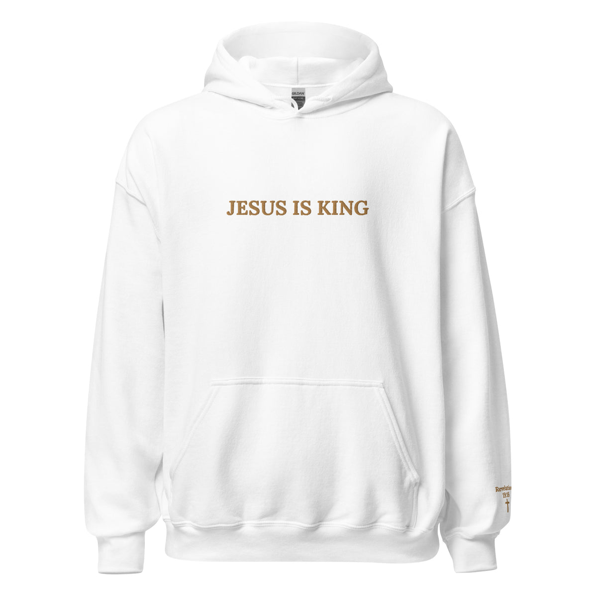 Unisex Embroidered Jesus is King hoodie white color.  "Jesus is King" design on front chest in gold and "Revelation 19:16" with a small cross embroidered on left sleeve.