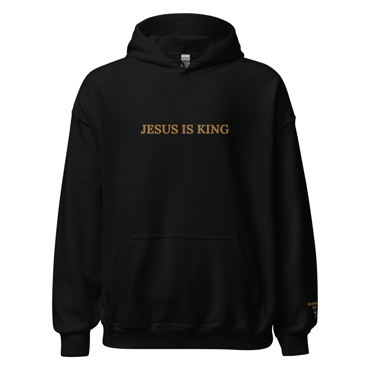 Unisex Embroidered Jesus is King hoodie black color.  "Jesus is King" design on front chest in gold and "Revelation 19:16" with a small cross embroidered on left sleeve.