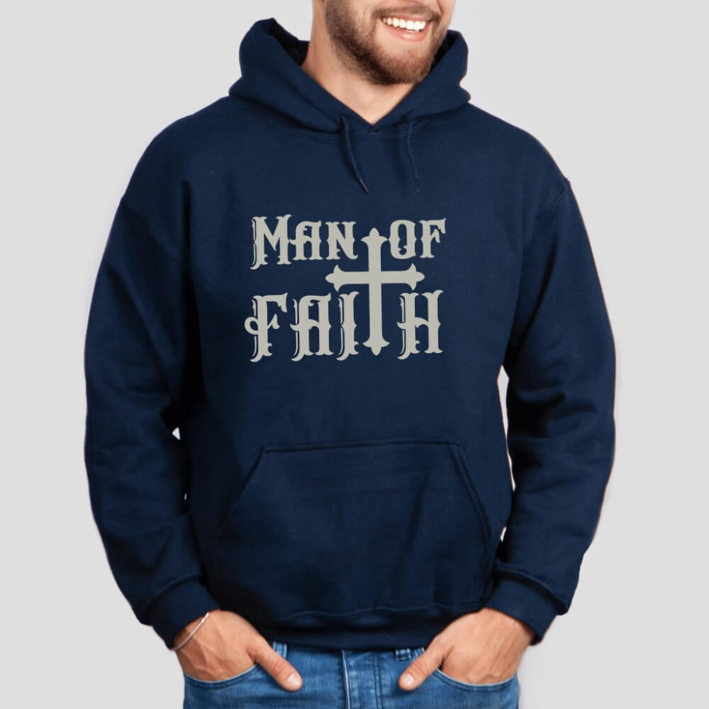 Man of Faith Hoodie navy. On the front chest is printed "Man of Faith" in grey font with a cross as the "t".