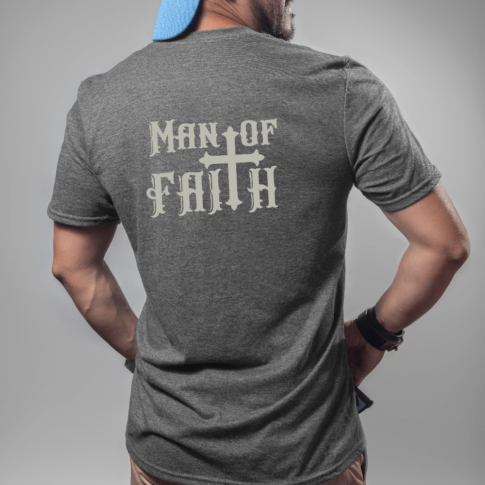 Man of Faith T-shirt dark heather , short sleeve. The back has "Man of Faith" printed in grey.