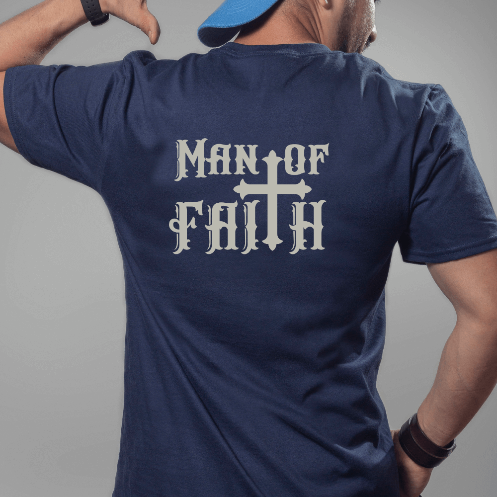 Man of Faith T-shirt navy, short sleeve. The back has "Man of Faith" printed in grey.