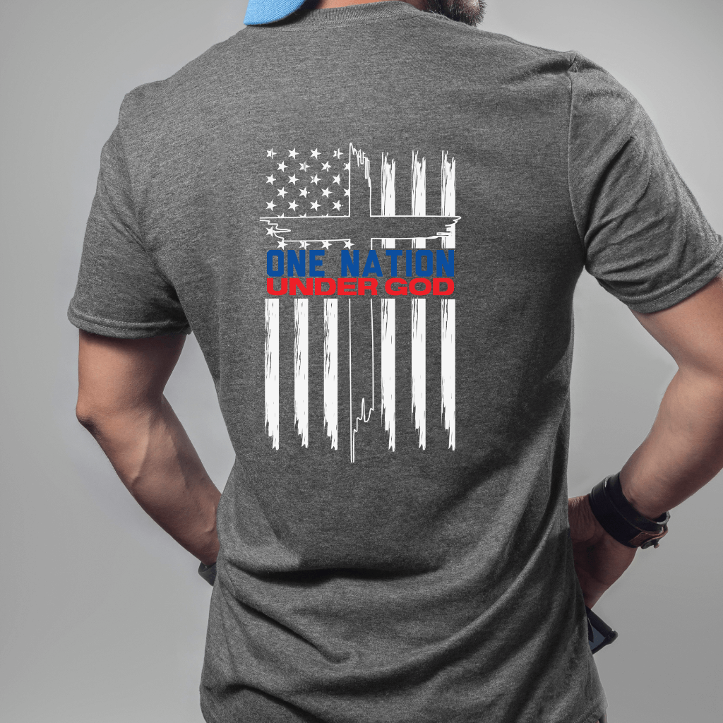 Unisex One Nation Under God T-shirt dark heather.  White American flag printed on the back with a large cross in the middle. Under the Cross is printed "One Nation Under God" in red and blue.