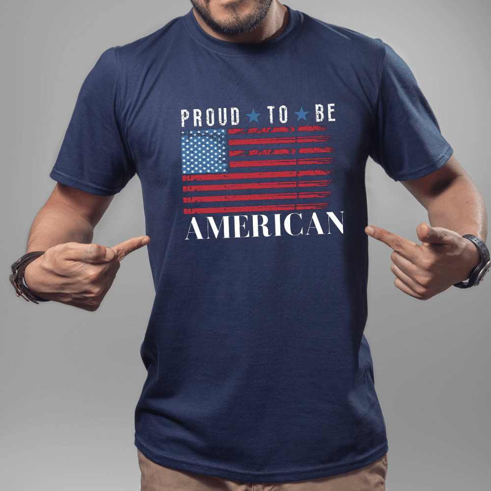 Men's Proud to Be American Shirt - navy.  American flag design printed on front chest with "Proud To Be American" printed in white above and below the flag.
