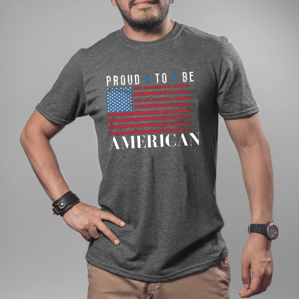 Men's Proud to Be American Shirt - graphite heather.  American flag design printed on front chest with "Proud To Be American" printed in white above and below the flag.