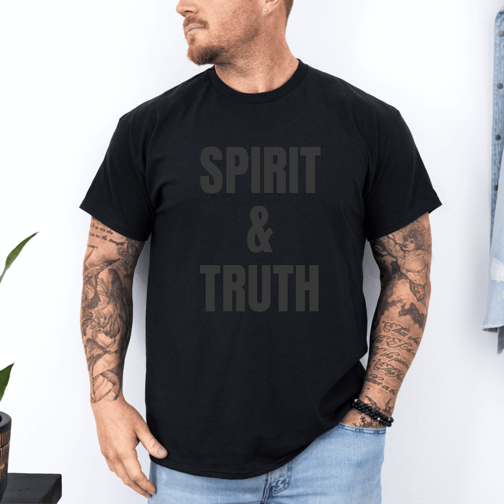 Spirit and Truth T-shirt black short sleeve. "Spirit & Truth" is printed on the front in large black font.