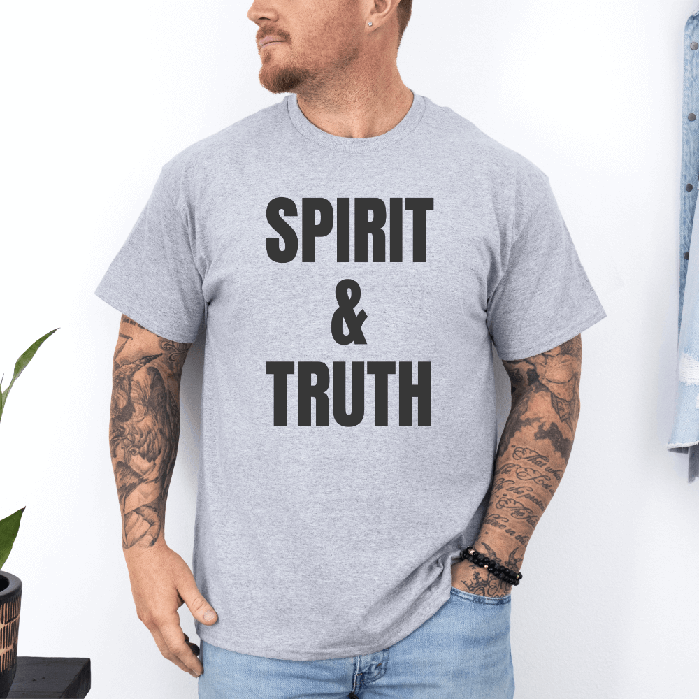 Spirit and Truth T-shirt sport grey short sleeve. "Spirit & Truth" is printed on the front in large black font.