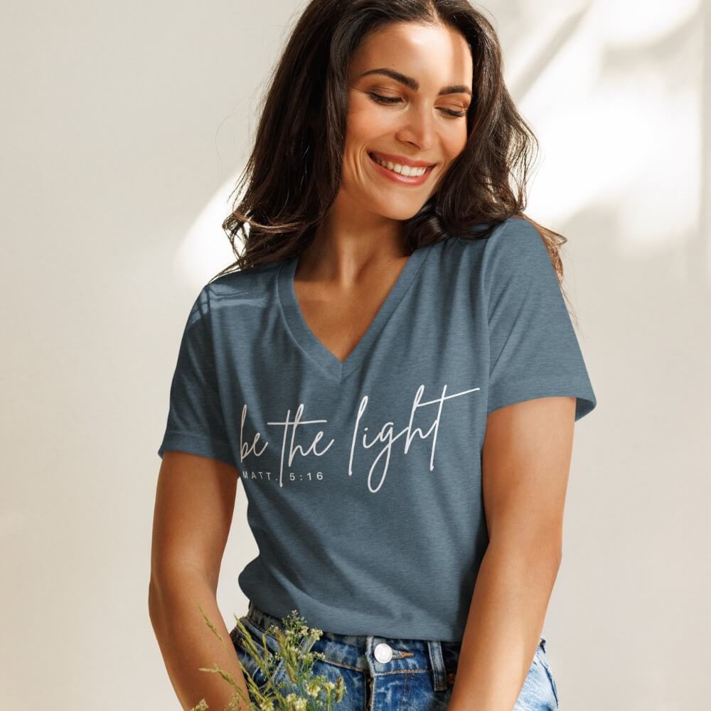Be The Light women's V-neck t-shirt heather slate short sleeve.   "be the light - Matt. 5:16" printed in white on front chest.