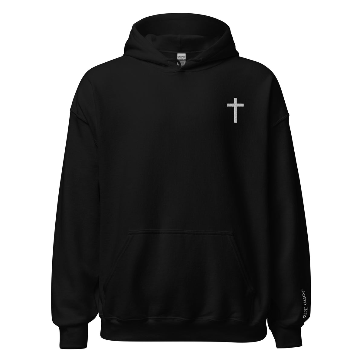 Unisex Christian Cross hoodie in black color. Embroidered with a white cross in the top left corner and "John 3:16" on the left sleeve.