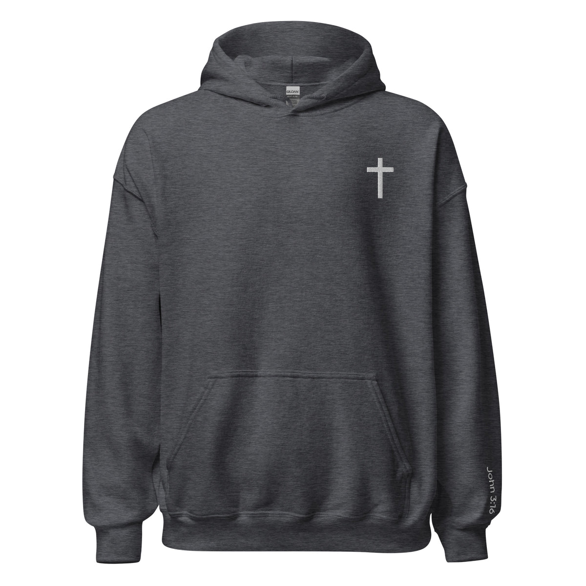 Unisex Christian Cross hoodie in heather grey color. Embroidered with a white cross in the top left corner and "John 3:16" on the left sleeve.