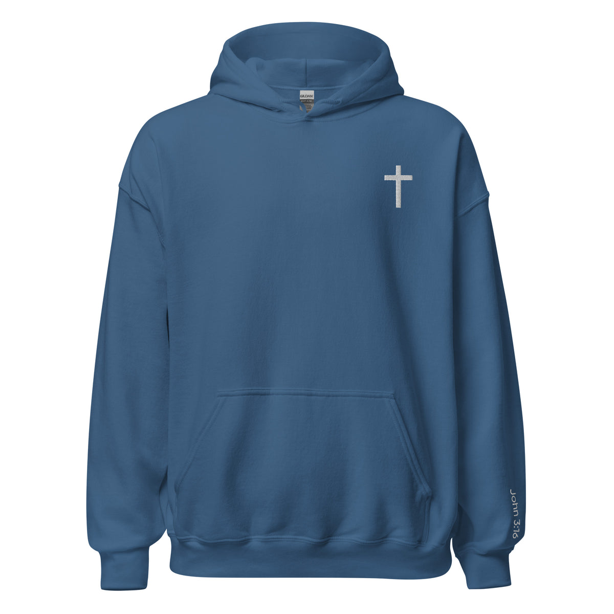 Unisex Christian Cross hoodie in indigo blue color. Embroidered with a white cross in the top left corner and "John 3:16" on the left sleeve.