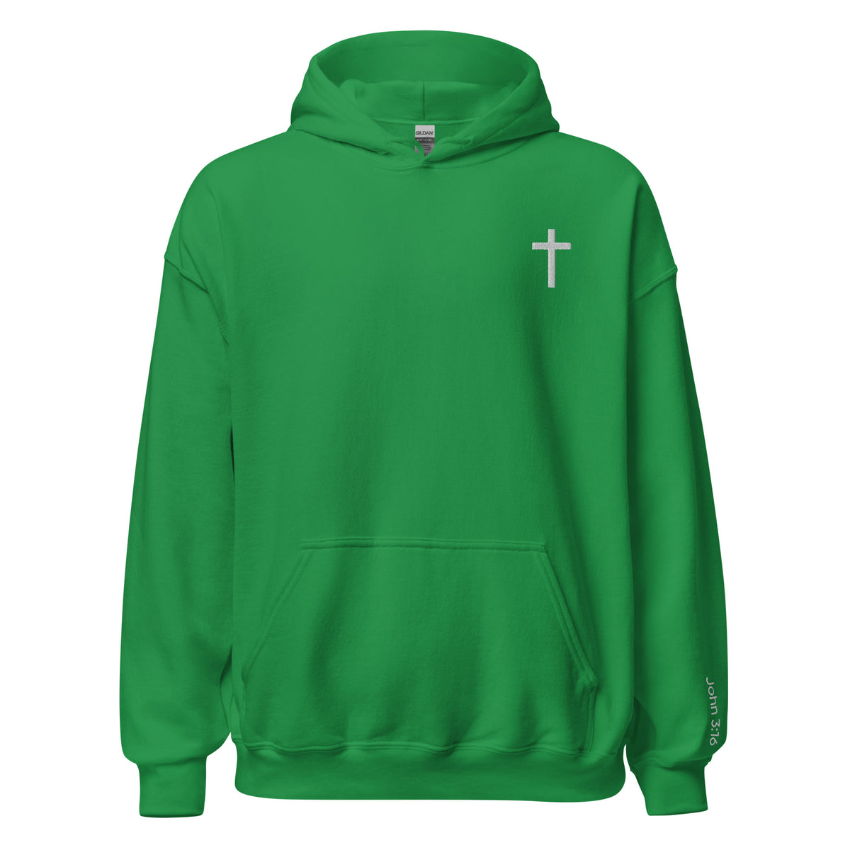Unisex Christian Cross hoodie in irish green color. Embroidered with a black cross in the top left corner and "John 3:16" on the left sleeve.