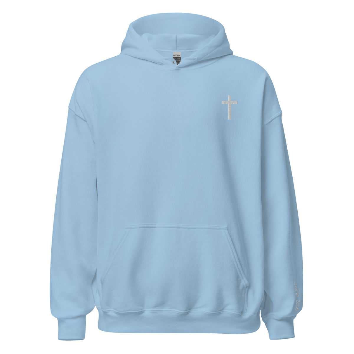 Unisex Christian Cross hoodie in light blue color. Embroidered with a cross in the top left corner in white and "John 3:16" on the left sleeve.