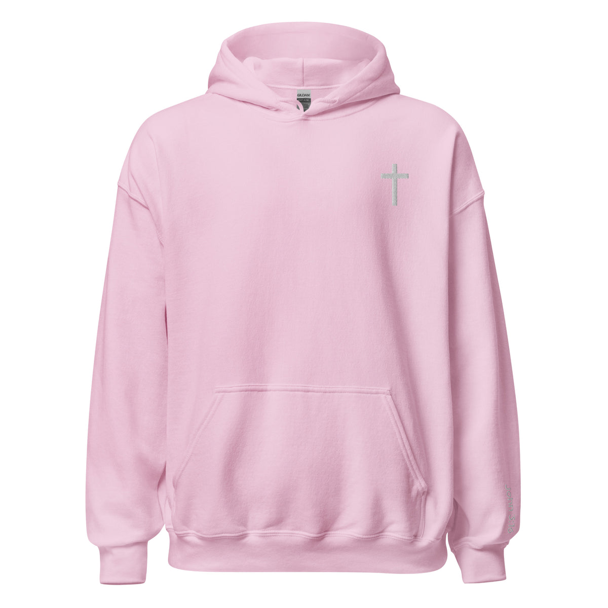 Unisex Christian Cross hoodie in light pink color. Embroidered with a cross in the top left corner in white and "John 3:16" on the left sleeve.