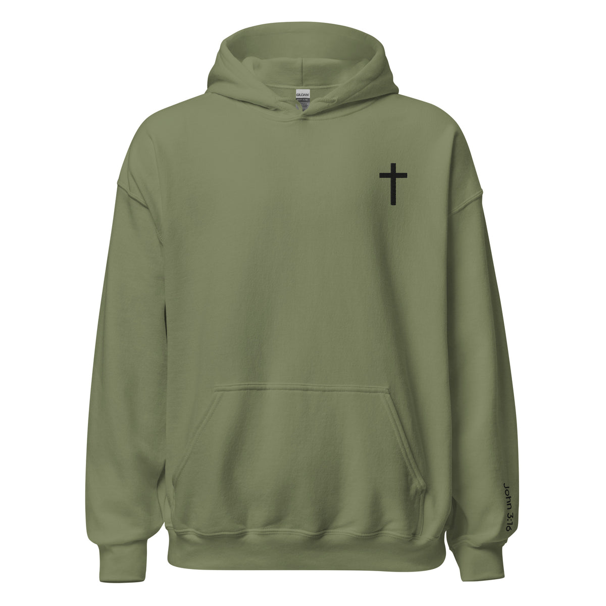 Unisex Christian Cross hoodie in military green color. Embroidered with a black cross in the top left corner and "John 3:16" on the left sleeve.