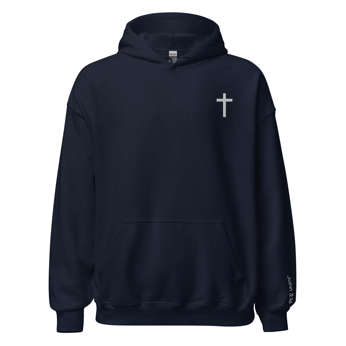 Unisex Christian Cross hoodie in navy color. Embroidered with a white cross in the top left corner and "John 3:16" on the left sleeve.