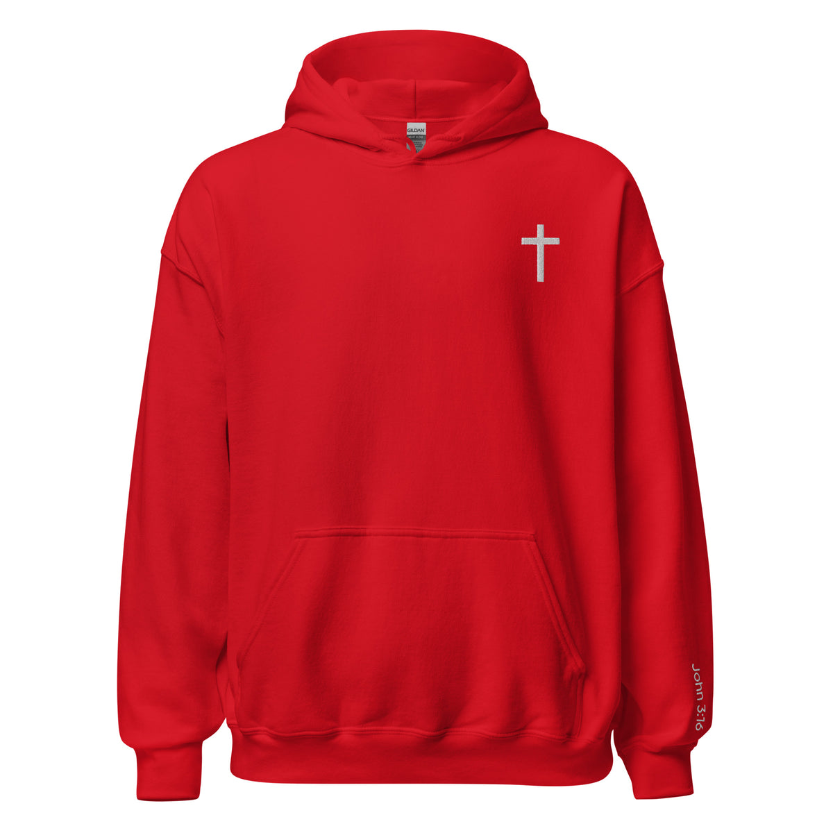 Unisex Christian Cross hoodie in red color. Embroidered with a white cross in the top left corner and "John 3:16" on the left sleeve.