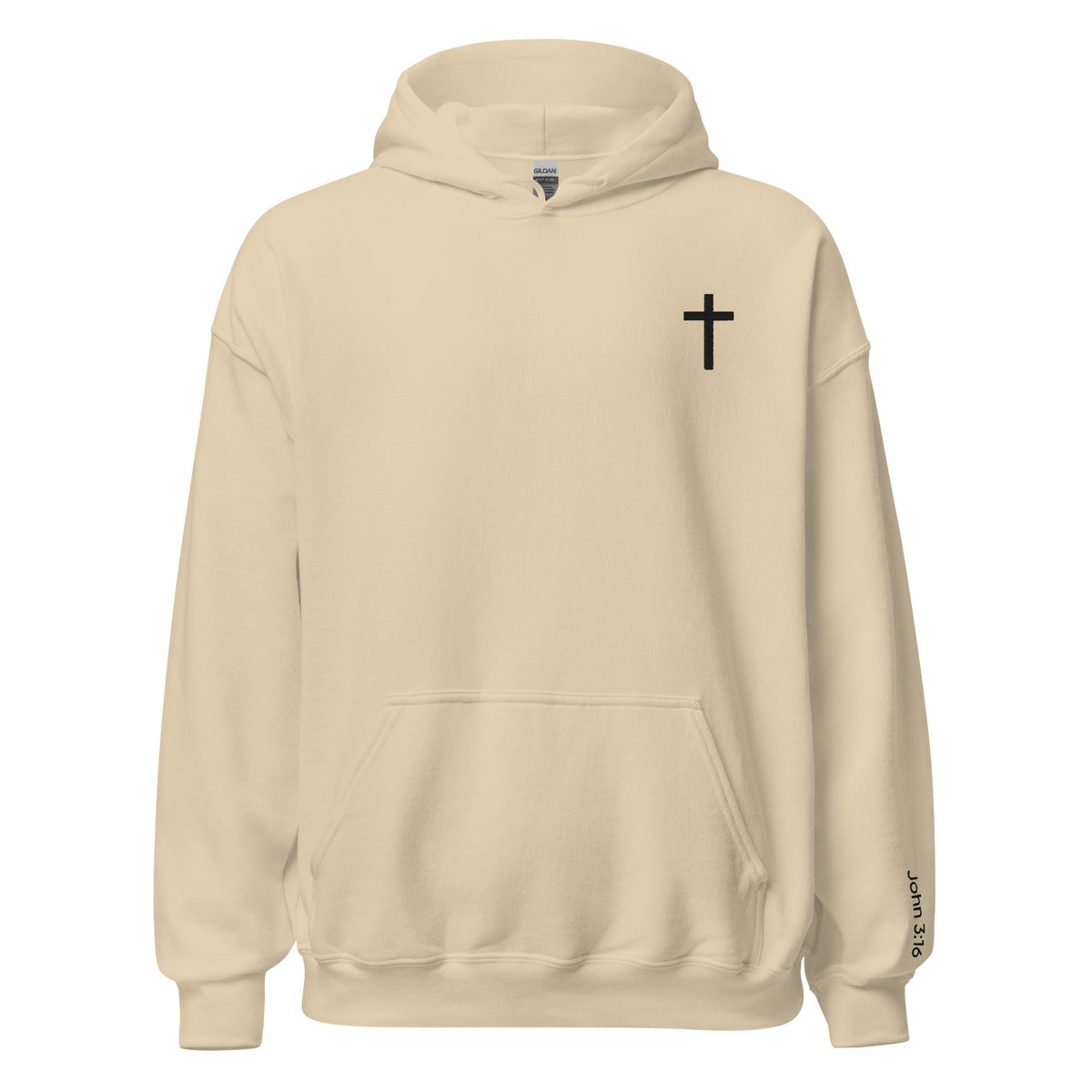 Unisex Christian Cross hoodie in sand color. Embroidered with a black cross in the top left corner and "John 3:16" on the left sleeve.