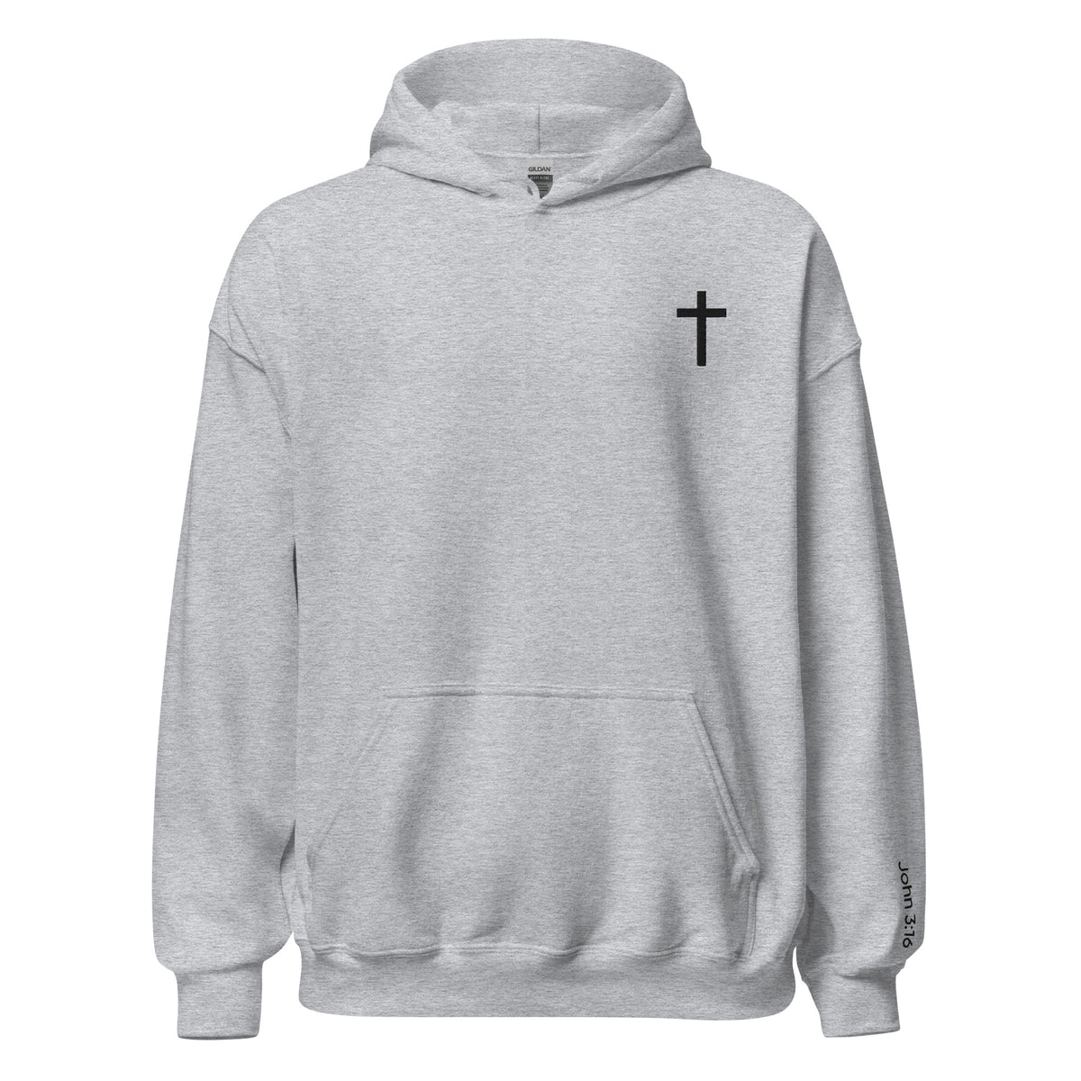 Unisex Christian Cross hoodie in sport grey color. Embroidered with a black cross in the top left corner and "John 3:16" on the left sleeve.