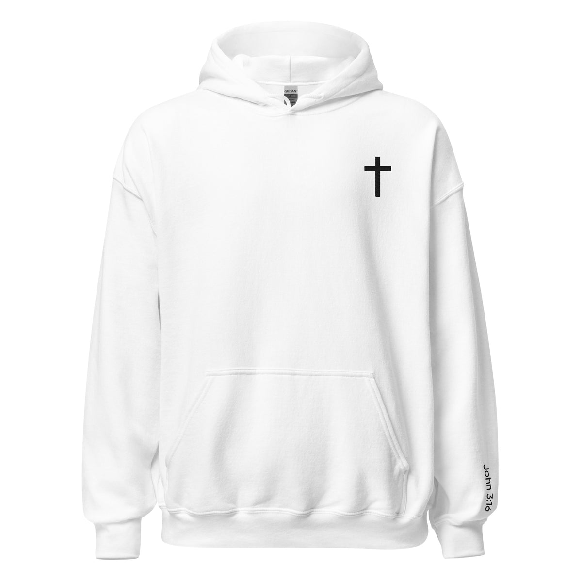 Unisex Christian Cross hoodie in white color. Embroidered with a black cross in the top left corner and "John 3:16" on the left sleeve.