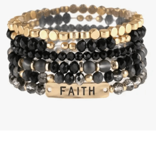 Black and gold stacked bead Christian bracelet with engraved Faith charm 