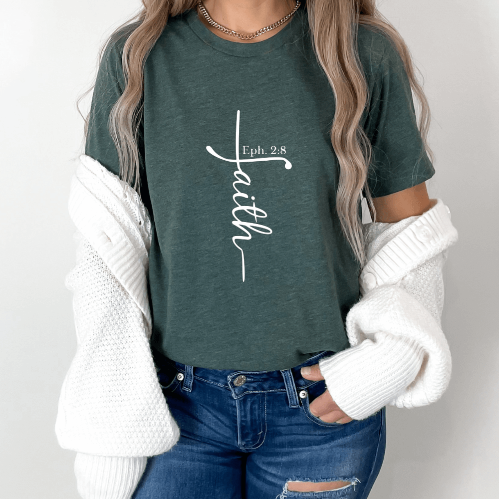 Faith tshirt with Bible verse heather forest