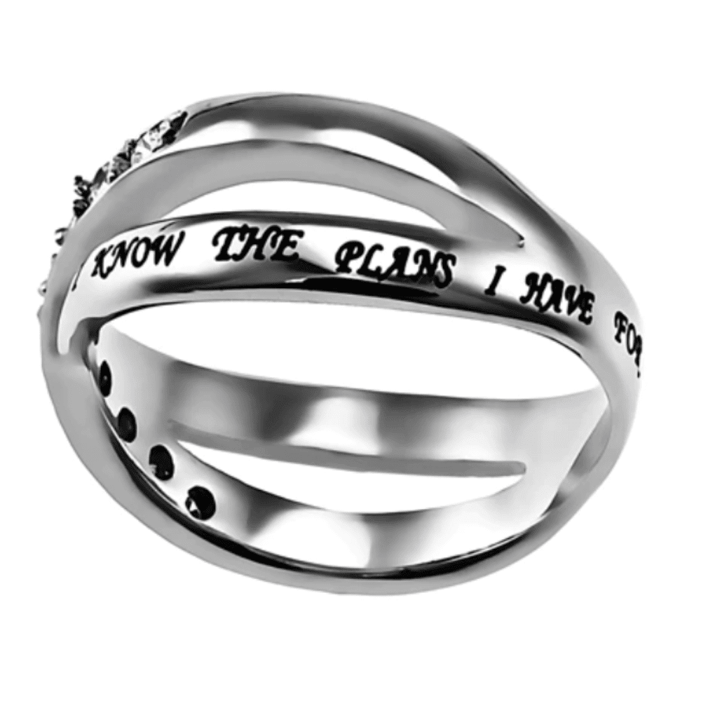 stainless steel silver in know the plans I have for you engraved womens ring with CZ stones