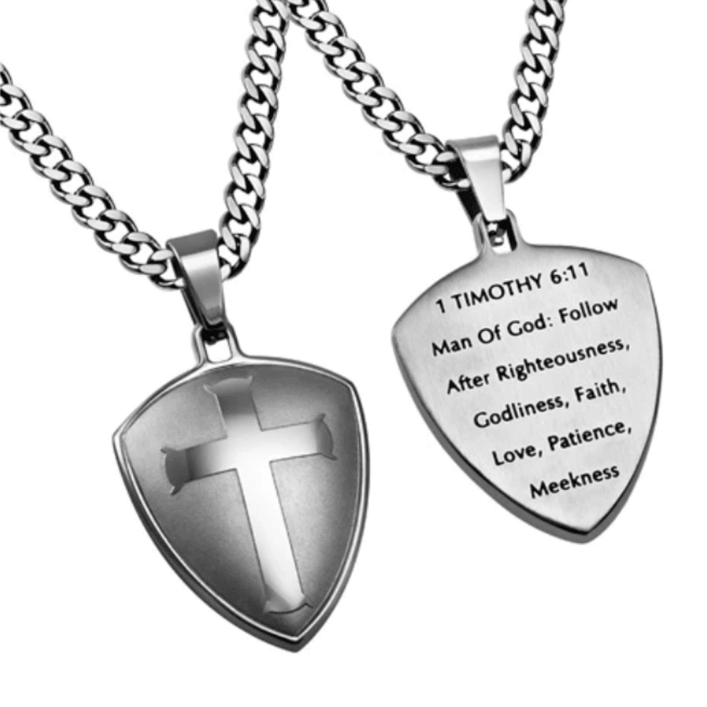 Man of God Silver Shield Necklace Stainless Steel