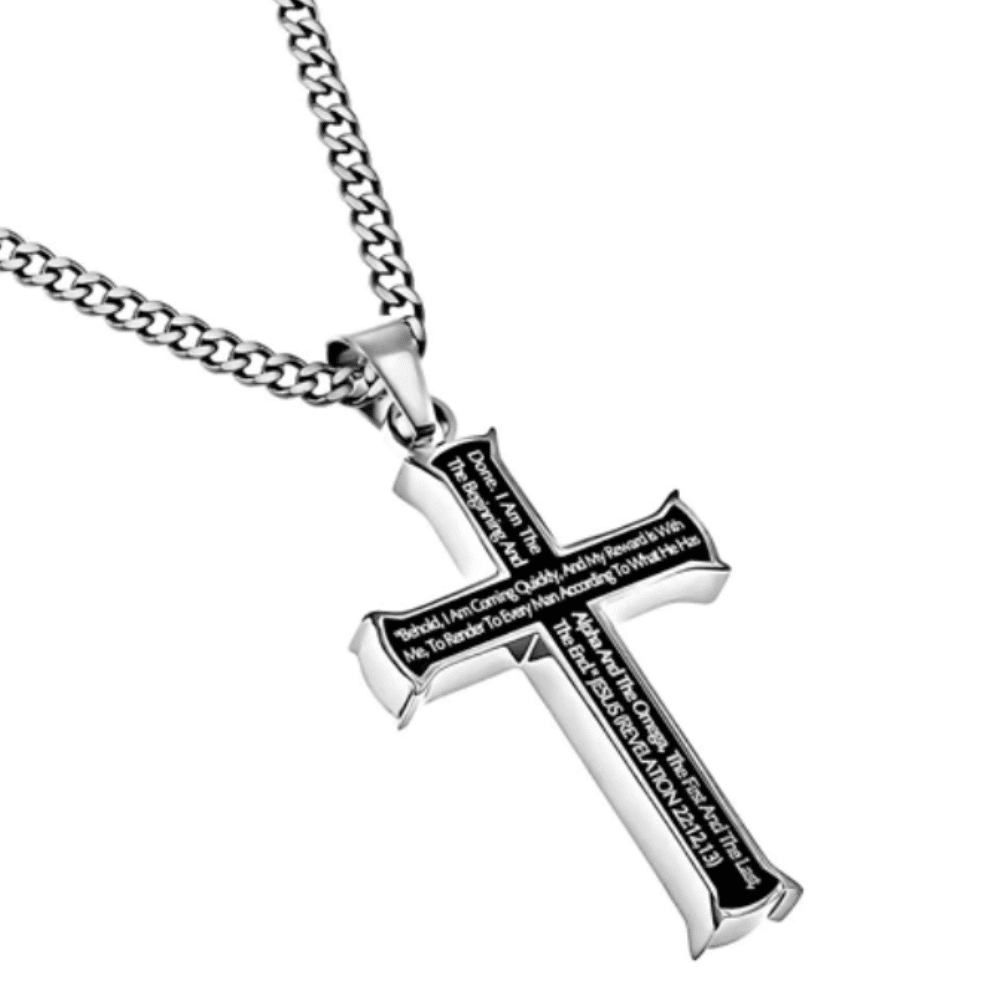 Mens black cross necklace Alpha Omega back