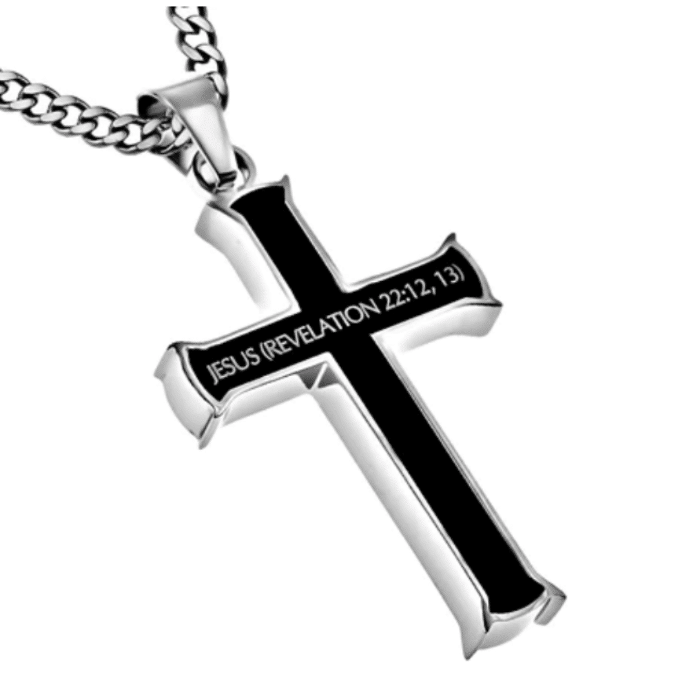 Mens black cross necklace Alpha Omega face