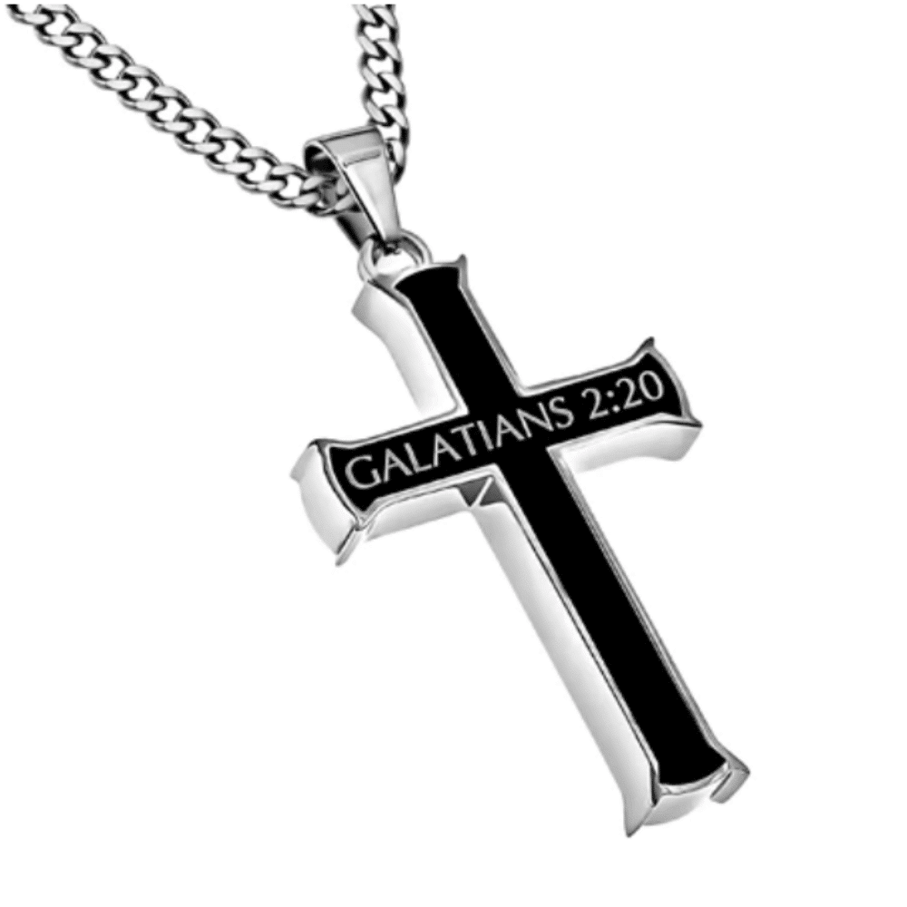 Mens black cross necklace Crucified with Christ front