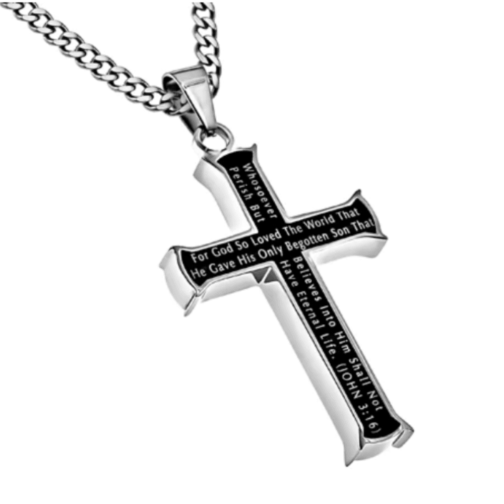 Mens black cross necklace John 316 back