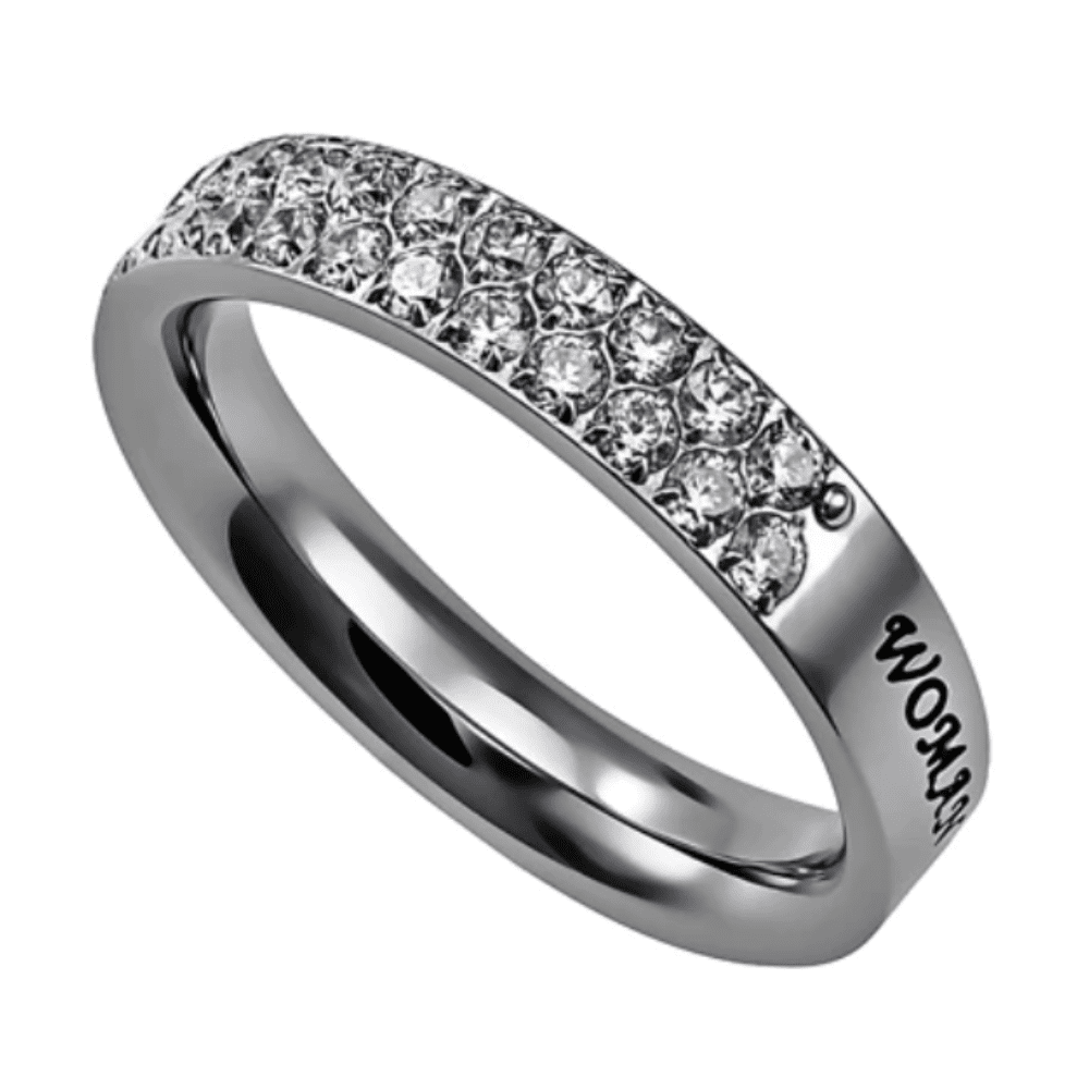 Women of God Ring with double rows of cubic zirconium stones and engraved scripture on band