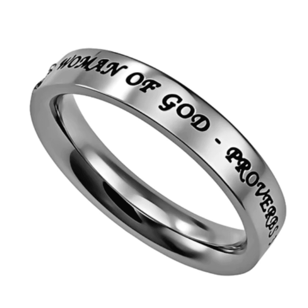 stainless steel silver Woman of God engraved Ring with black enamel filling