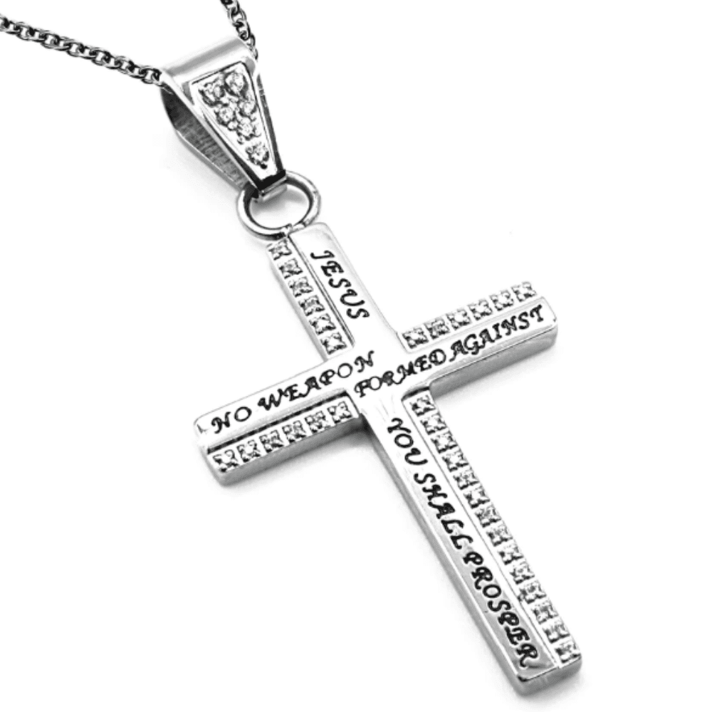 Engraved Cross Necklace with CZ stones