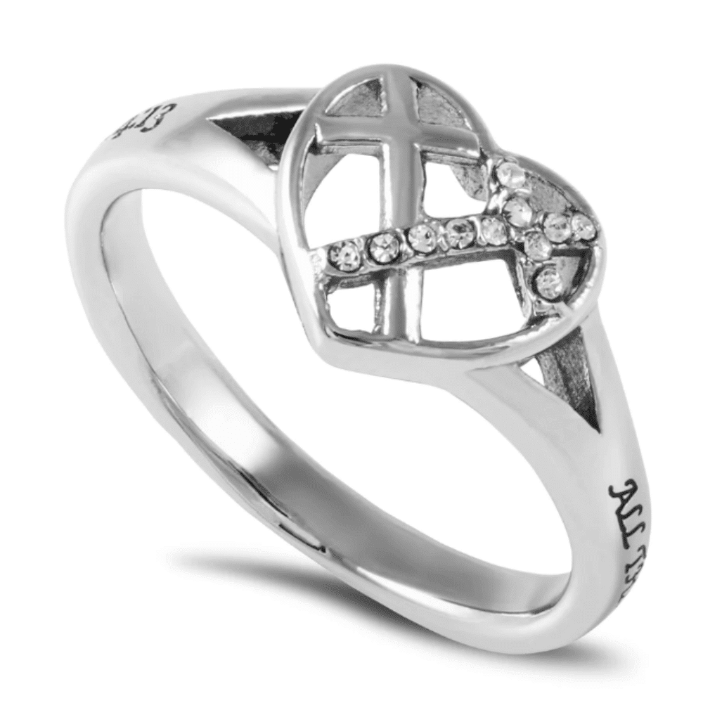 Womens Heart Cross Ring - Christ My Strength